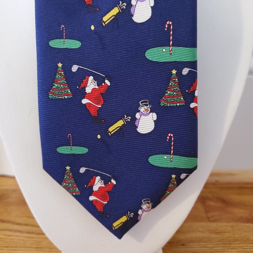 Cape Cod Neckwear Golf Christmas Santa and Snowman Blue Tie
